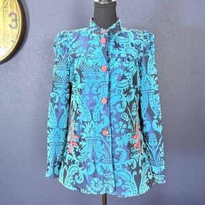 Ollie Sang Navy & Turquoise Velvet Print Button Front Jacket | Size 6